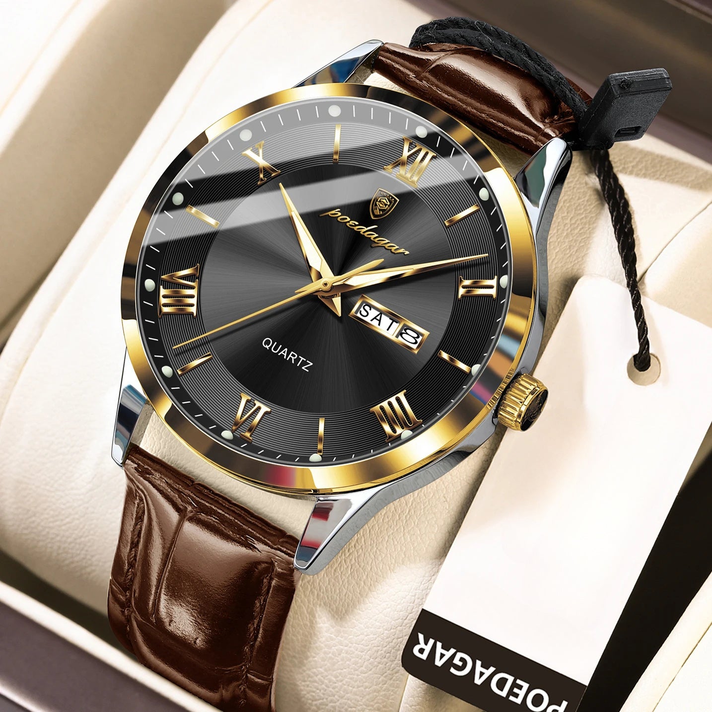 [Men's Casual Watch] POEDAGAR 978P Men's Fashion Casual Watch, 3ATM Waterproof with Date Function, Round Dial, PU Leather Band