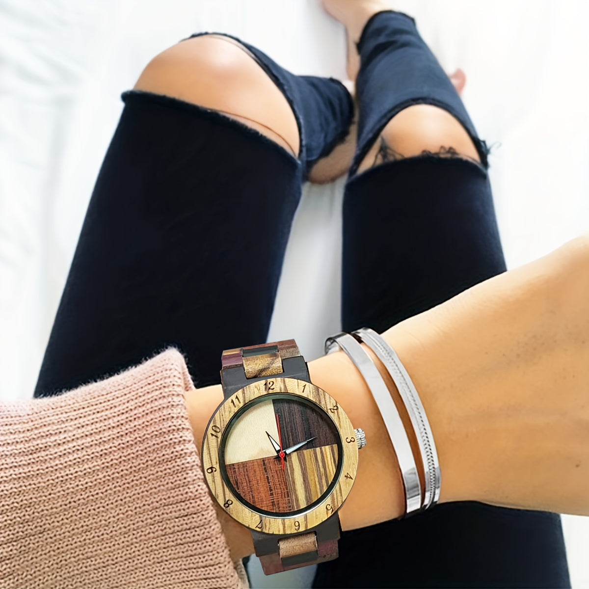 Wooden Ladies Watch, Multicolor Wooden Strap, Four-Color Dial, Wood Quartz Wristwatch