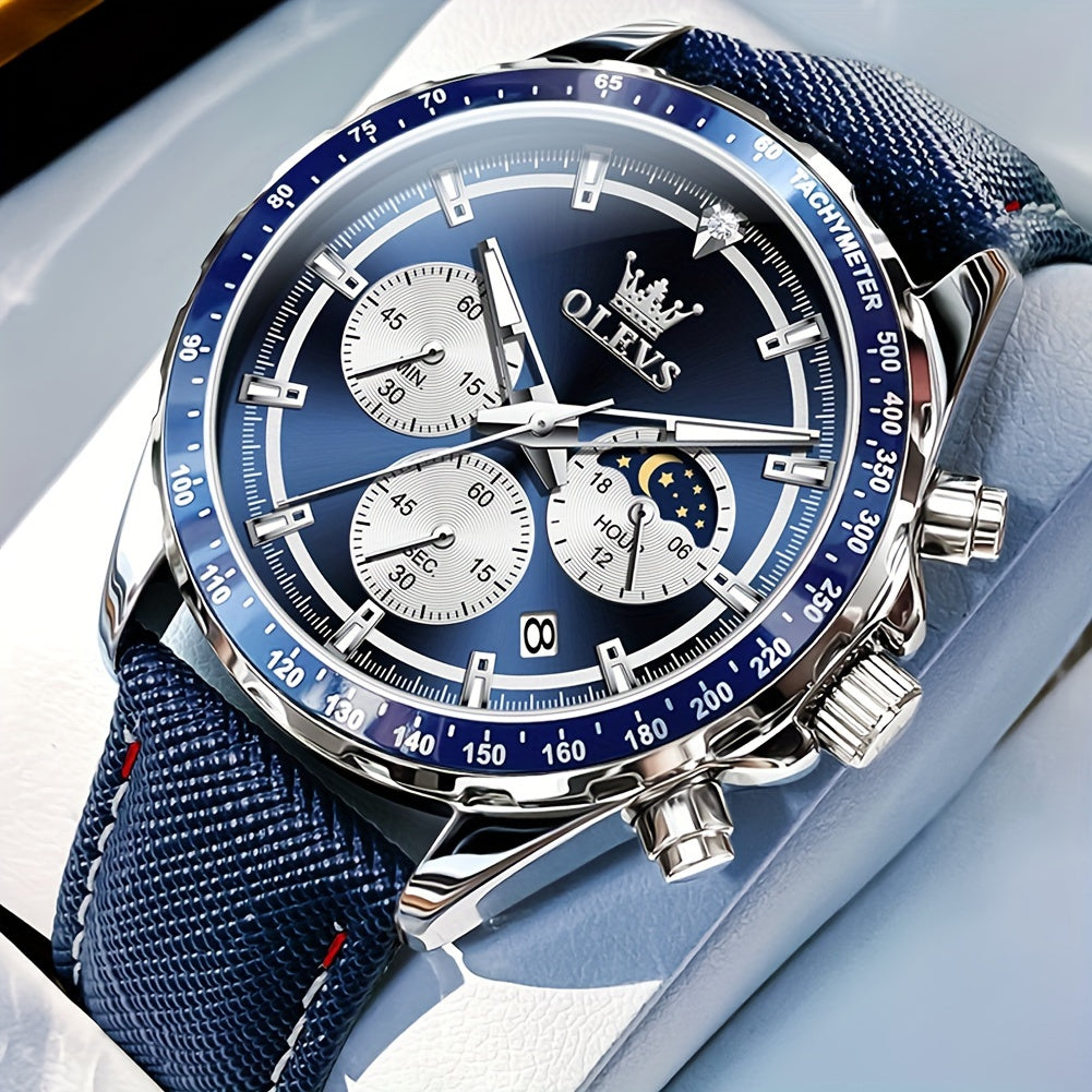 OLEVS Men'S Luxury Watches Blue Leather, Casual Watches for Men, Chronograph Watches Moon Phase Quartz Male Watch Waterproof Wrist Watch Big Face with Calendar Wristwatch Relojes De Hombre