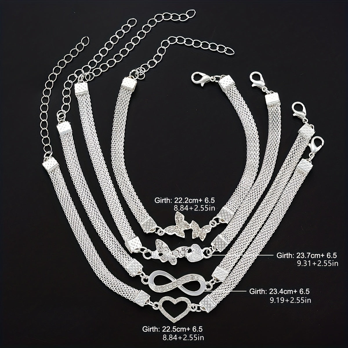 [Mother's Day Gift] 925 Silvery 4pcs Elegant and Simple Infinity Symbol Love Butterfly Foot Chain Multi-Stacking Women's Fashionable Versatile Footwear Mother's Day Gift.Total Weight of the Product (9.95g)