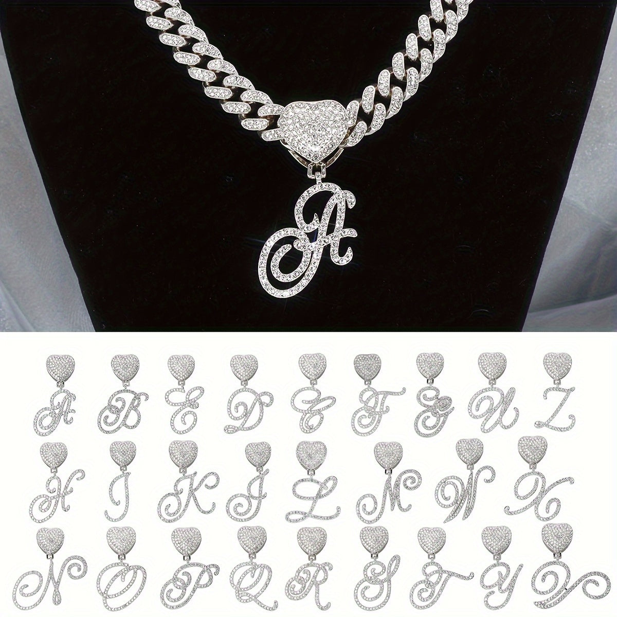[Heart Letter Necklace] 1pc Silvery Cuban Chain Heart Shaped Letter Pendant Necklace | Initial Letter Necklace for Men And Women - Hip Hop Jewelry Gift