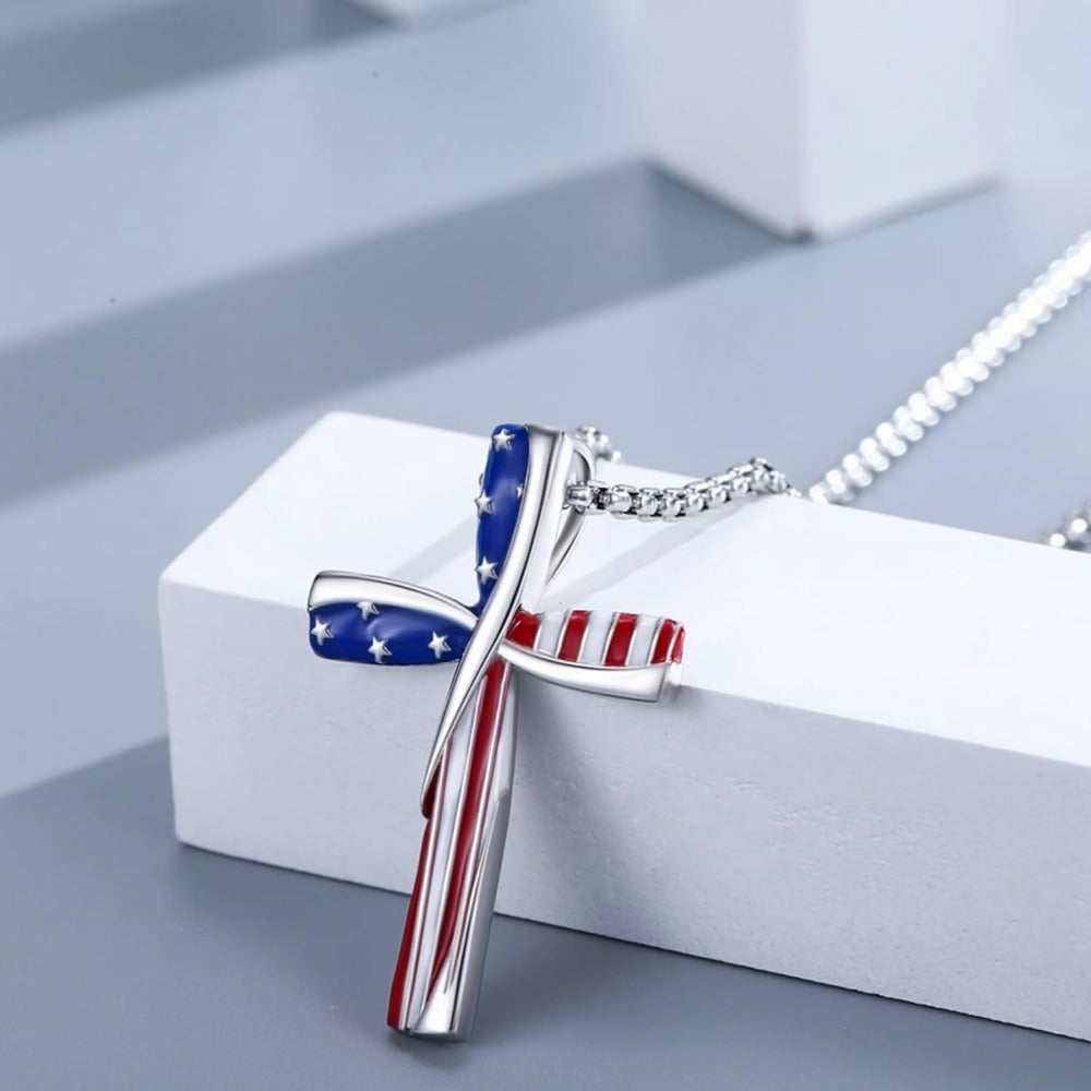 925s Patriotic Cross Pendant Necklace, Red, White, Blue Star Spangled Banner, American Flag, Independence Day, Suitable for Any Occasion, Best Choice for Gift Giving