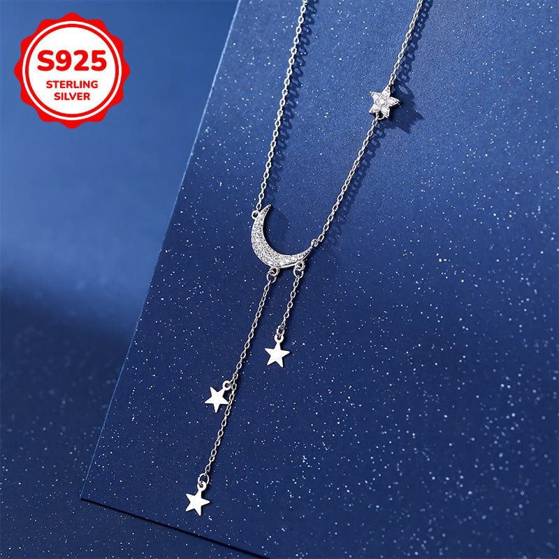 [Mother's Day Gift] Sterling Silvery S925 Boho Cute Moon And Star Tassel Pendant Necklace, Elegant Fashion Jewelry For Women, Hypoallergenic, Daily & Gift Occasion, Mother's Day, All-Season