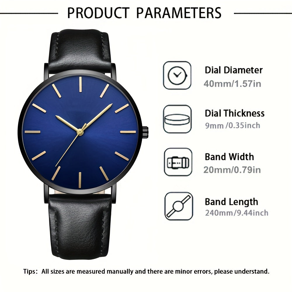 Men's Minimalist Analog Quartz Watch with Analog Display, Round Face & PU Leather Strap - Elegant Casual & Professional Wristwatch, - Hands, Low-Maintenance Operation