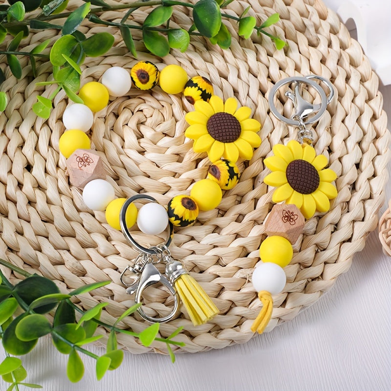 2-4pcs/set Sweet And Cute Cartoon Sunflower Charm Handmade Beaded Keychain for Wrist Short Tassel Key Ring Accessory Bag Pendant Accessory Perfect Gift for Friends