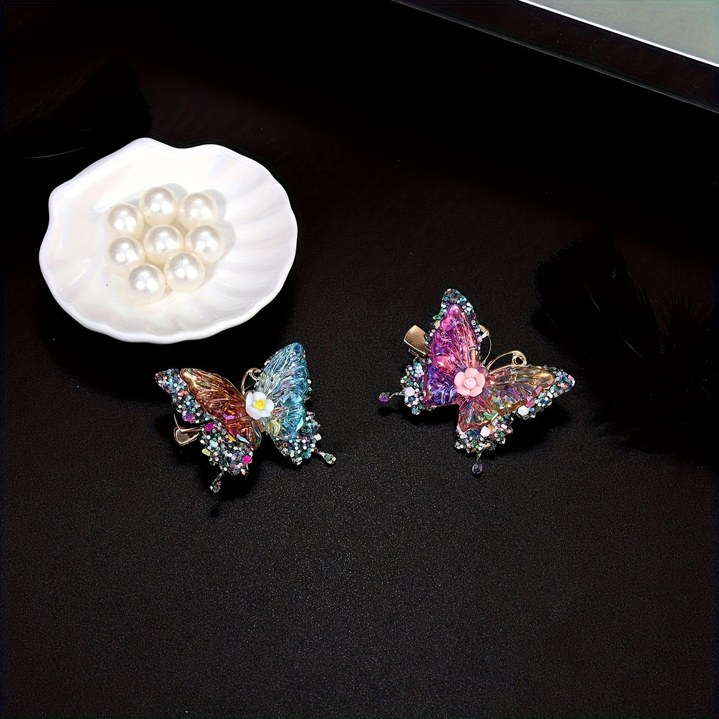 12pcs/set New Luxury Shiny Sequin Double-layer Butterfly Clip, Women'S Fashionable Double-layer Acrylic Butterfly Hair Clip, Suitable For Daily And Holiday Party Wear, Women'S Y2k Headwear Hair Accessories