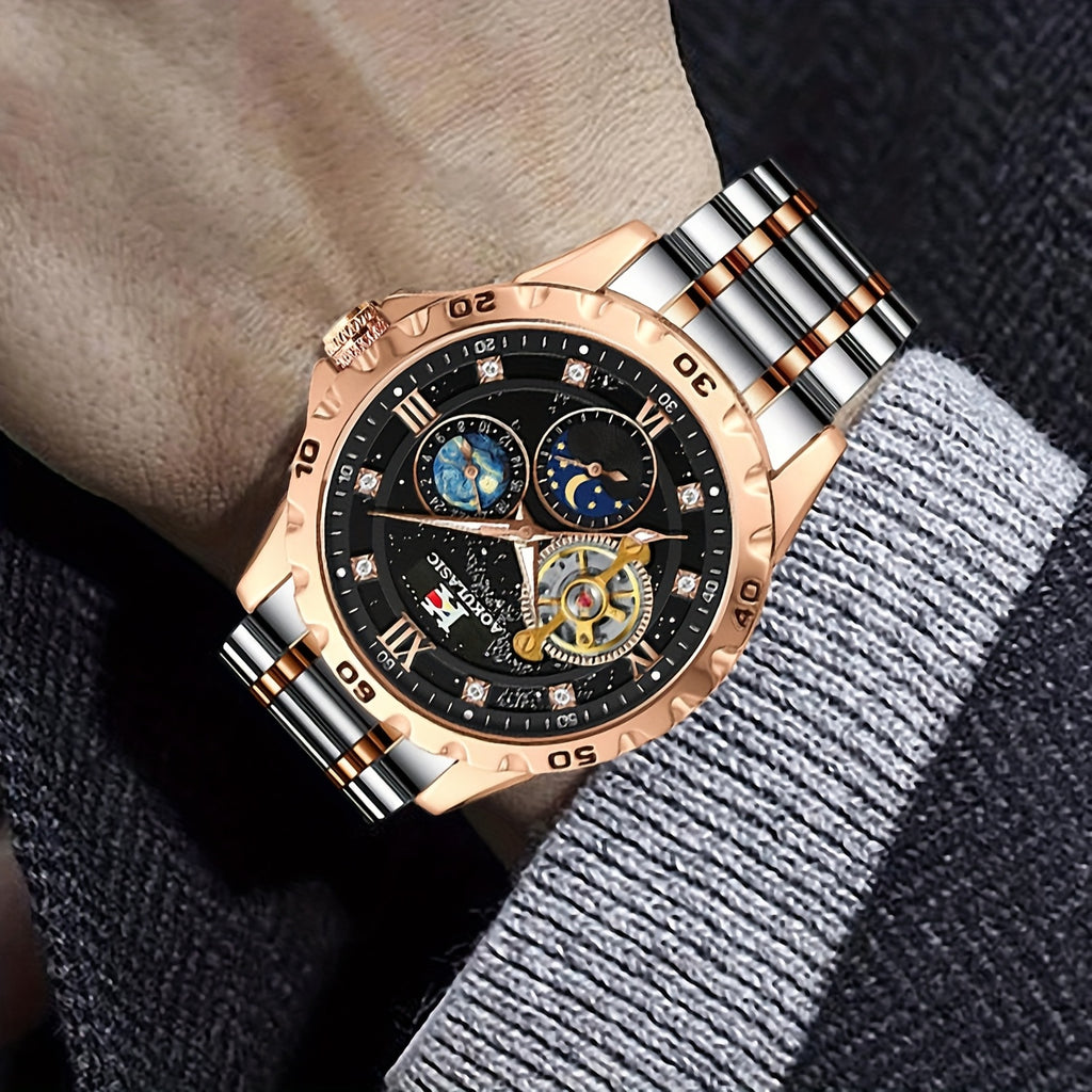 Top Brand Men Fashion Tourbillon Skeleton Automatic Mechanical Watch, Rose Golden Case Stainless Steel Strap, Iced Out Starry Sky Luminous Dial, Business Casual Mens Watches, 1pc, Gifts with Box