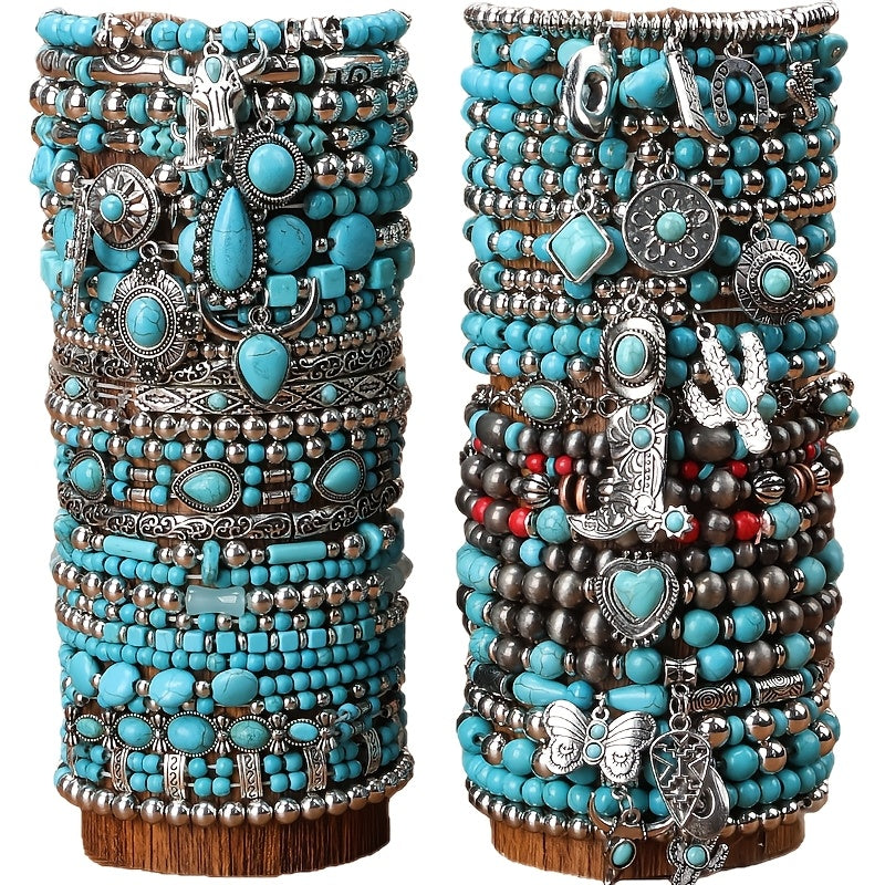 [Turquoise Beads & Charms] 5/16/19/24pcs Western Bohemian Vintage Turquoise Bracelet Set - Multilayer Stacked, Unisex Jewelry with Beads & Charms, Layered Design for Daily Wear, Party Music Festival, Perfect Daily Wear Or Holiday Gift