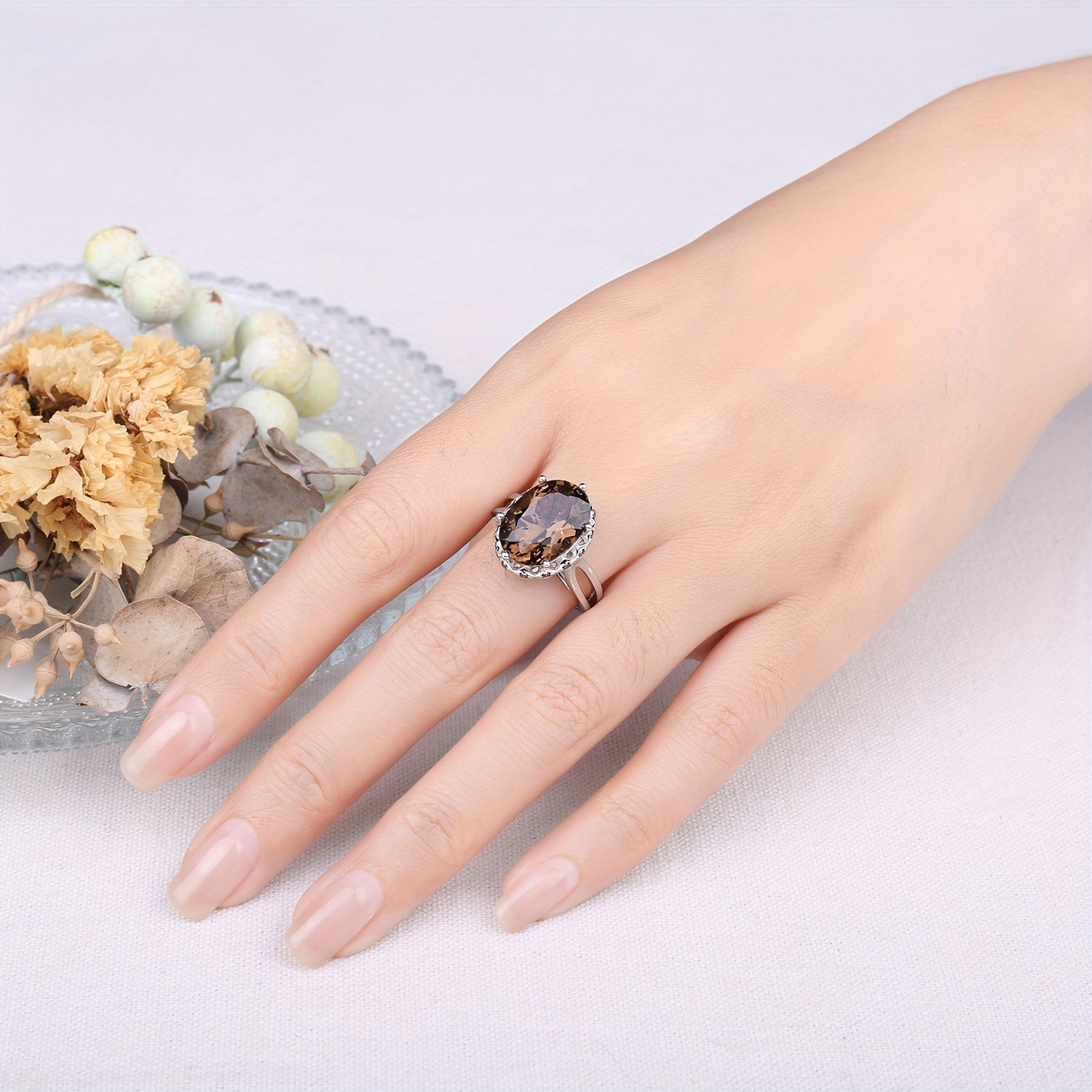 1pc 925 Sterling Silver Elegant And Luxury Exquisite Oval Cut Huge Natural Smoky Quartz Silver Ring for Women for Prom Party Banquet for Dating Gift Fine Jewelry