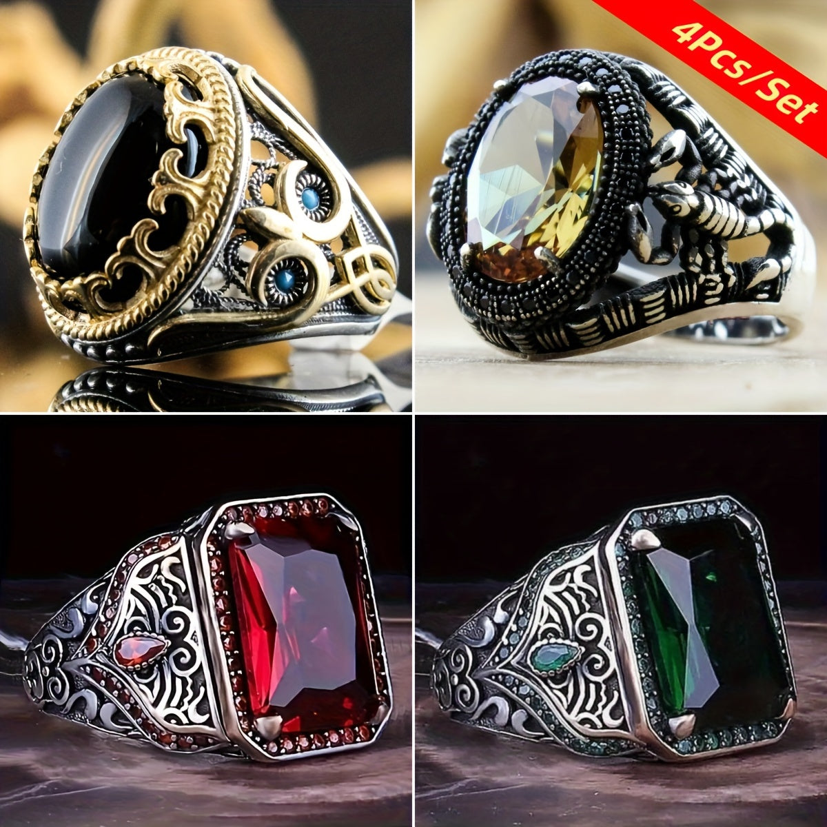 4pcs Men's Vintage Business Ring Set, Hand Carved Alloy with Shiny Synthetic Zirconia, Punk Hip-Hop Style, Ideal for Young Wearers, Young People, Wear
