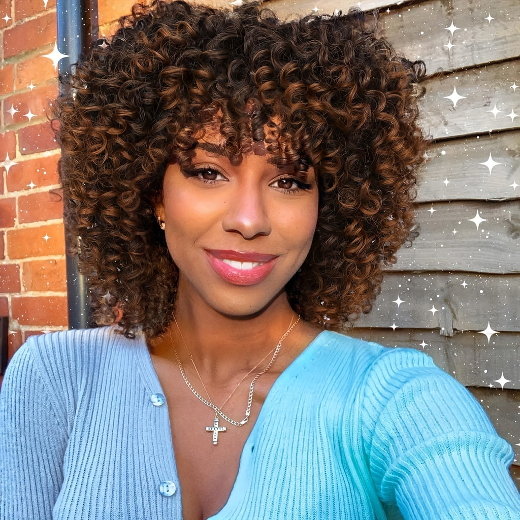 12-Inch Voluminous Afro Curly Wig for Women - Soft Synthetic Hair, Black to Brown Gradient, Perfect for Daily Wear, Parties, Halloween & Cosplay