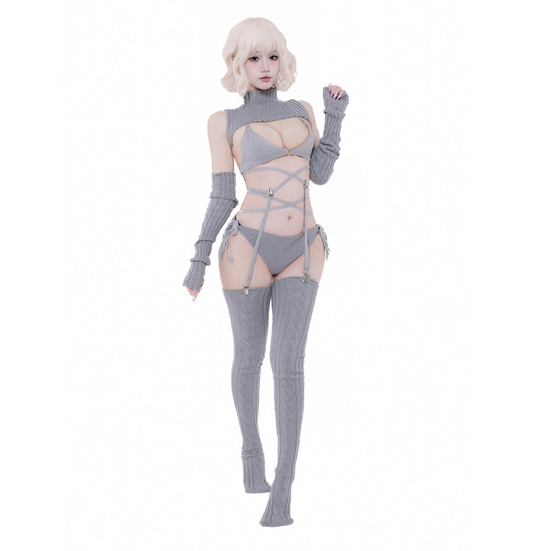 F-236 Backless Sweater Japanese-Style Cosplay Otaku-Magnet Sexy Turtleneck Socks, Gloves & Strappy Sweater Set