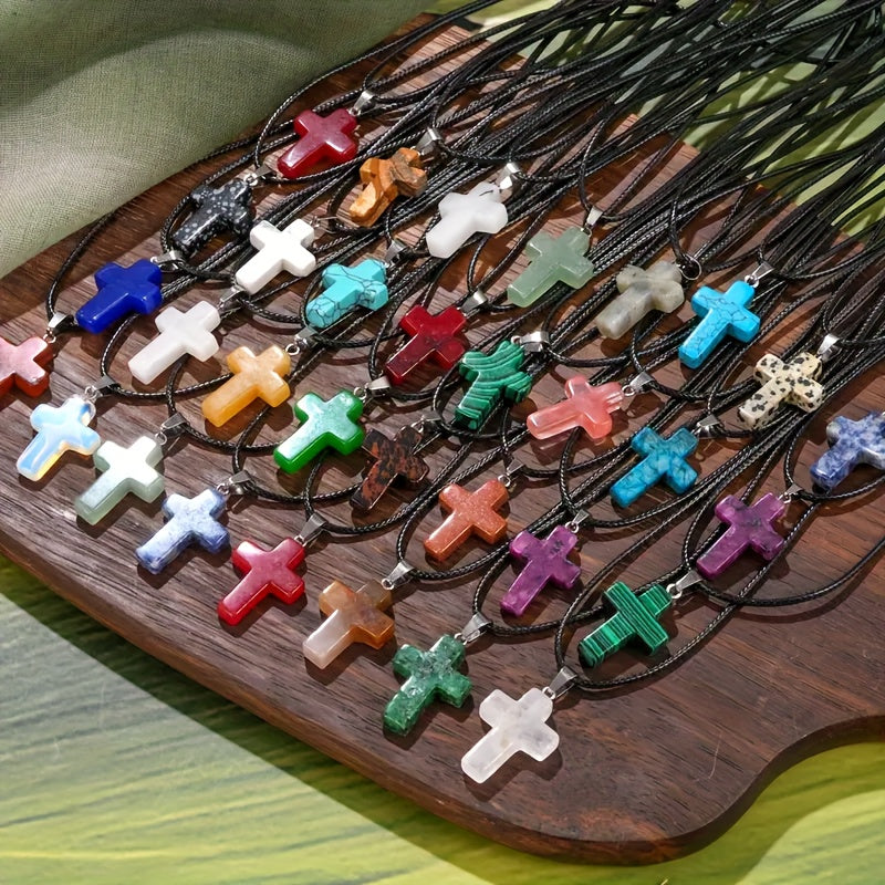 50pcs Mixed Natural Stone Cross Pendant - 25pcs Fashionable Cross Pendant With 25pcs Adjustable Black Faux Leather Necklaces Quartz Faux Jewelry For DIY Necklace, Bracelet, And Earring Making