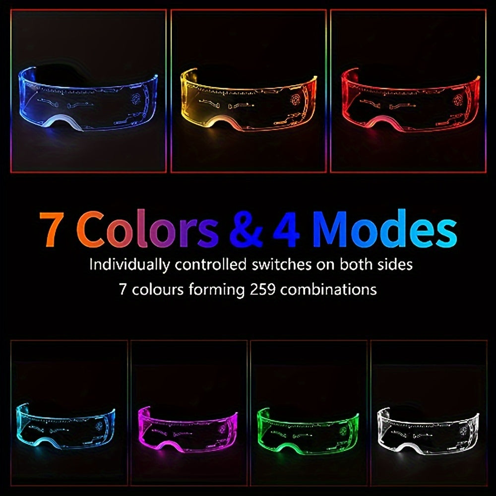 Two Pairs of LED Visor Glasses Featuring Seven Colors, These Futuristic Eyewear Come with Four Lighting Modes. They Are Honeycomb Luminous Glasses Designed for Adults