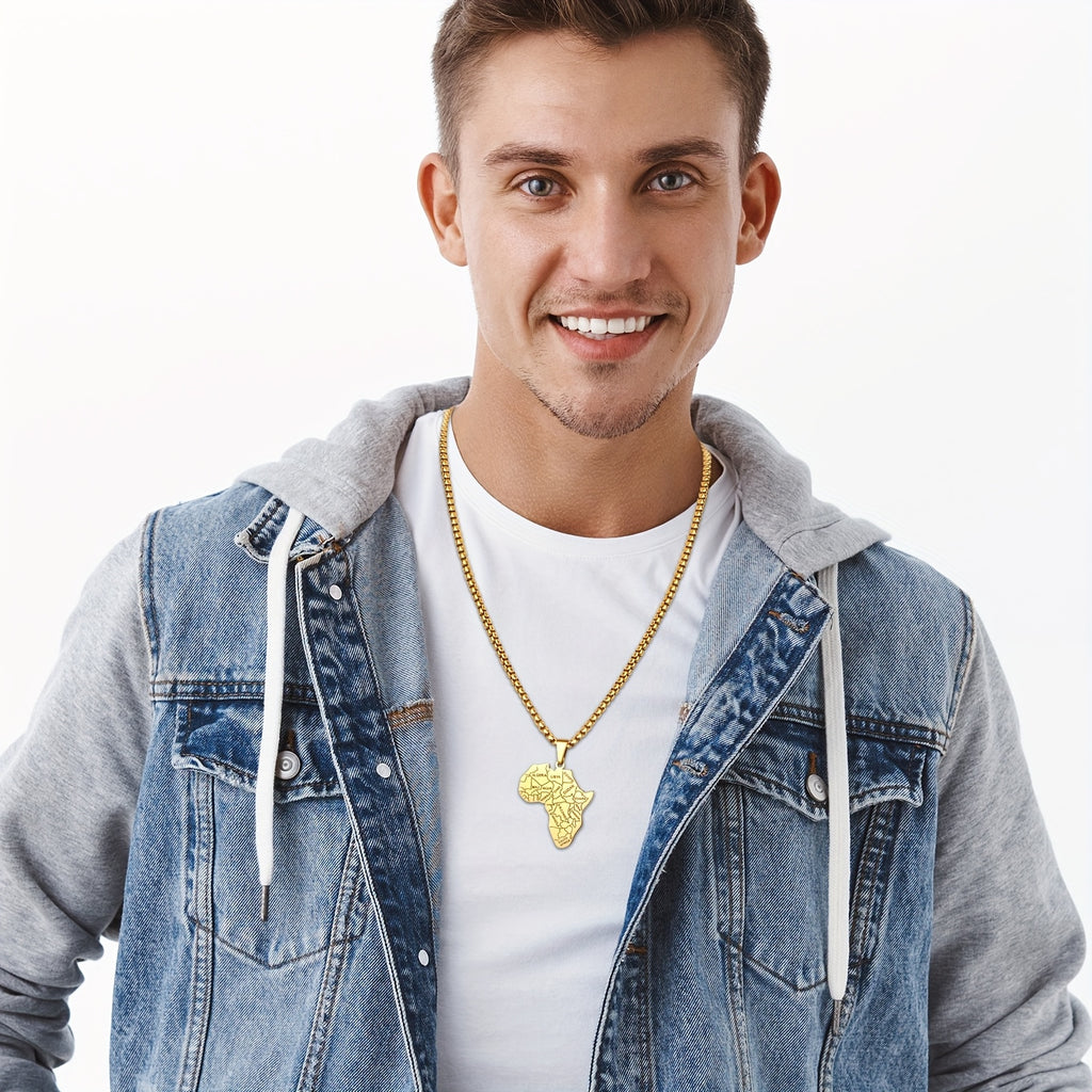 Flongo Men's Classic African Necklace Stainless Steel African Map Necklace Pendant with Wheat Chain