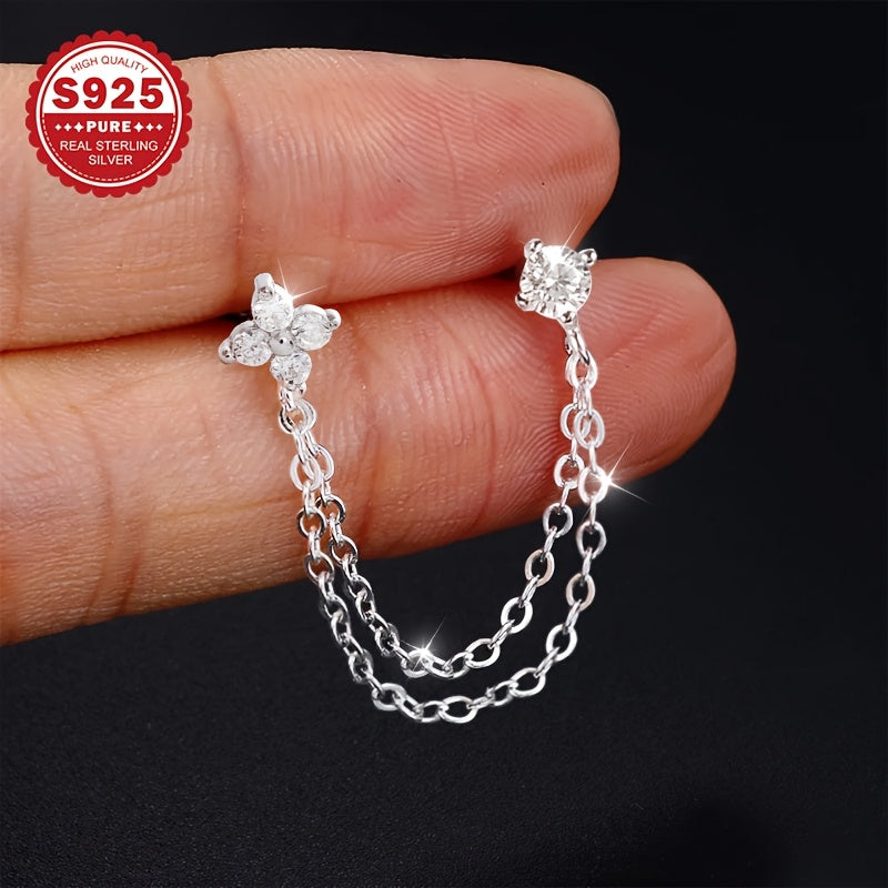 1 Pair of Classic Women'S Earrings, S925 Sterling Silvery Synthetic Zirconia Four-Flower Chain Style Studs, Elegant and Stylish, Hypoallergenic for Versatile Wear