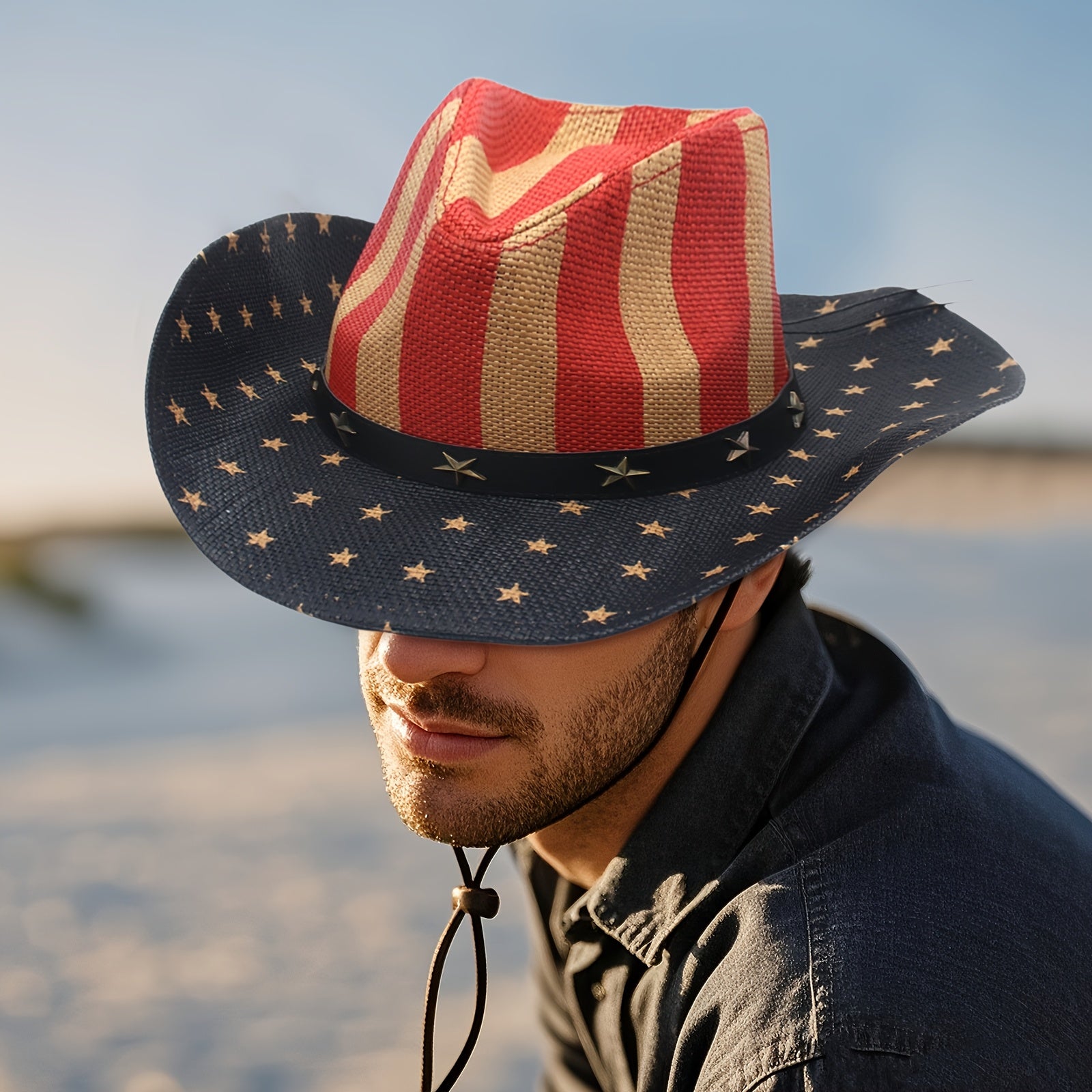 [Western Cowboy Hat] American Flag Wide Curved Brim Western Hat Equestrian Riding Jazz Cowboy Cowgirl Straw Hat