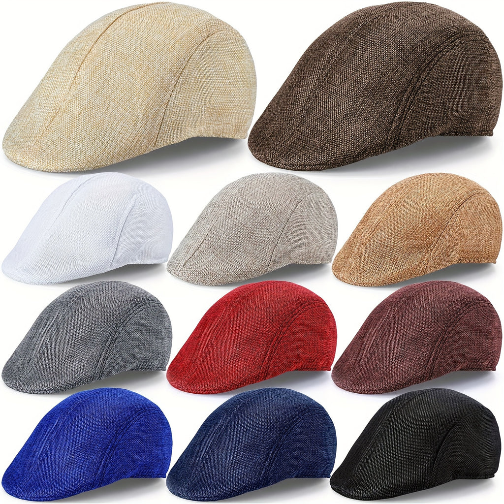11 Colors Men's Flat Cap Irish Hats Newsboy Hats for Men Cabbie Hunting Cap Weave Linen-Like Newsboy Hat 11pcs. Suitable for Men and Women