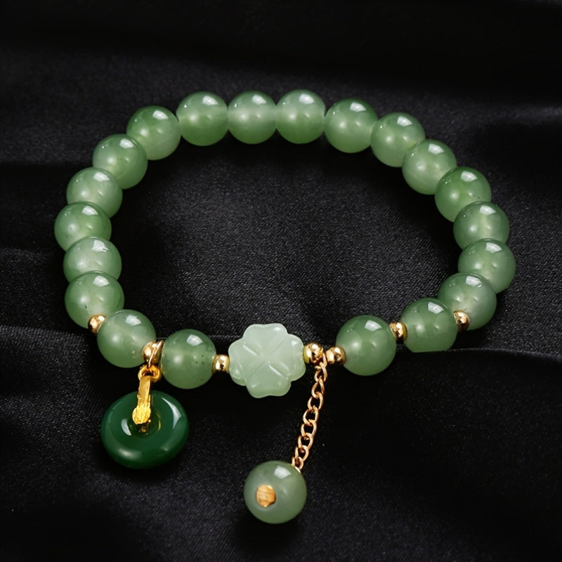 [7pcs Bead Chain Bracelet] Elegant 7pcs Bead Chain Bracelet Set, Butterfly And Lily Pendant Set Imitation Jade, Retro Chinese Style, Suitable For Daily Gifts And Wear, Suitable For Men And Women