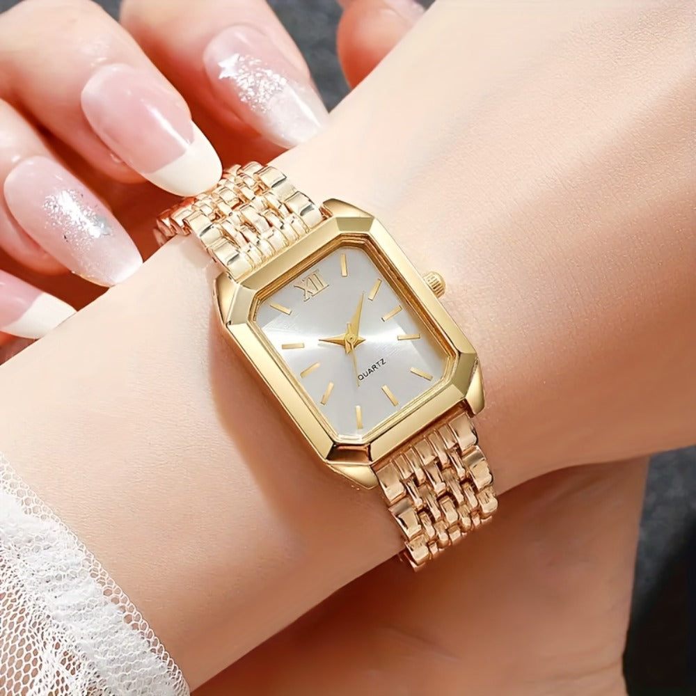 5pcs Women'S Stylish Elegant- Golden Tone Quartz Watch& Jewelry Set- Square Golden White Dial with Matching Necklace, Earrings, Ring- Parties Jewellery for women Set- Ideal Choice for Christmas Gift, Formal Occasions, Party Accessories