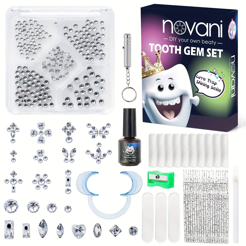 [Professional Tooth Gem Kit] WATRA Professional 260pcs Premium Multi Shaped Artificial Crystal Tooth Gem Kit | 2D Flat, Elegant Flat Back Crystals with Professional Applicator for A Chic, Refined Look, Grillz
