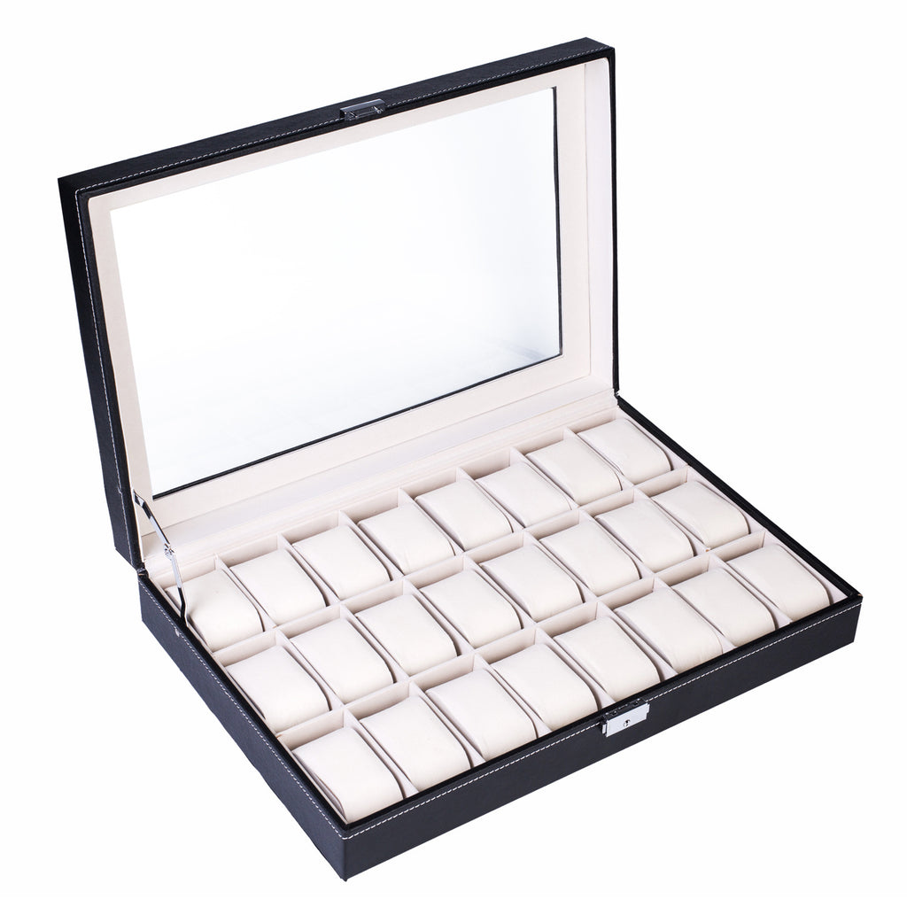 24 Compartments Top-level Opening Style Leather Watch Collection Box Black