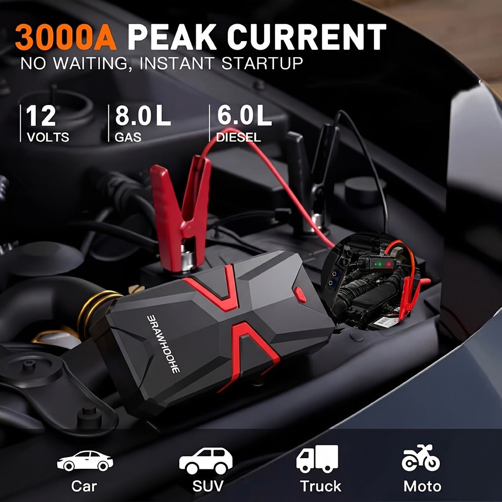 5-in-1/9IN1 Portable Car Battery Jump Starter With Tire Inflator 12V Fast Start, Battery Boost, USB I/O, LED Emergency Light, Reliable Power, Roadside/Vehicle Emergency Tools 3000A Portable Wireless Car Jump Starter Battery Jump Starter Portable Pea