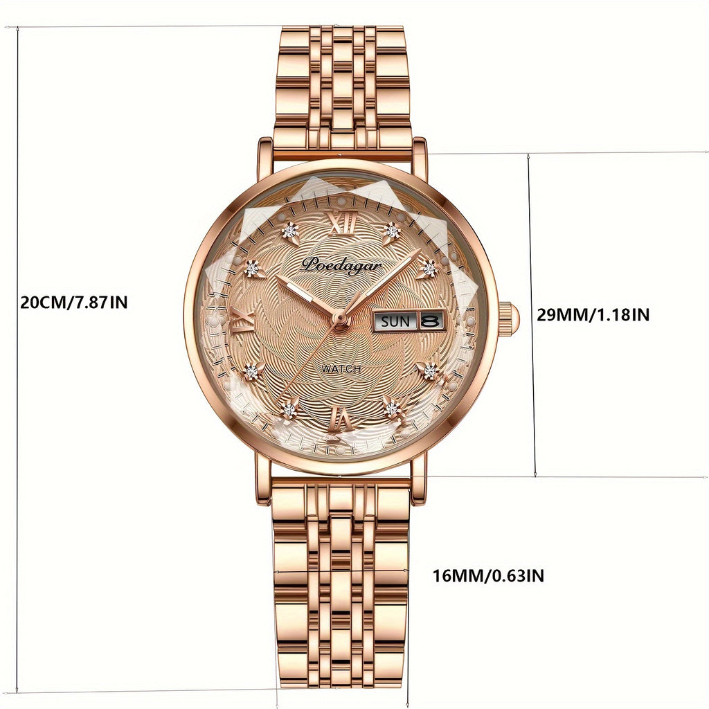 Elegant POEDAGAR Women'S Watch - Luminous Rhinestone Quartz, Stainless Steel Band, Calendar Date - Perfect for Evening Wear