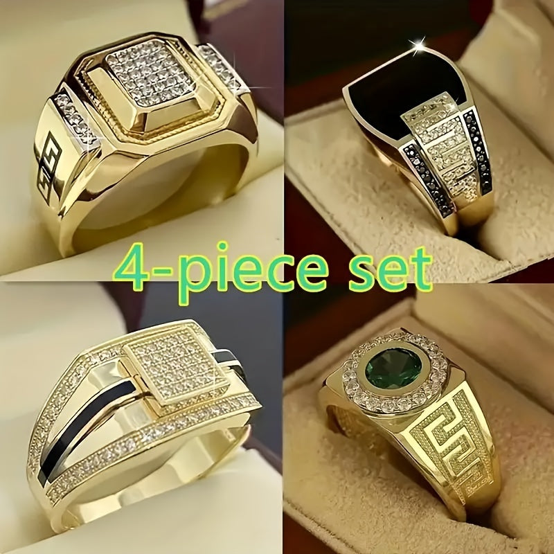 Set of 4 Cuban Chain Rings - A Classic Luxury for Men - High-Quality Golden Plated with Black Onyx - Elegant, Refined & Romantic Wedding Rings