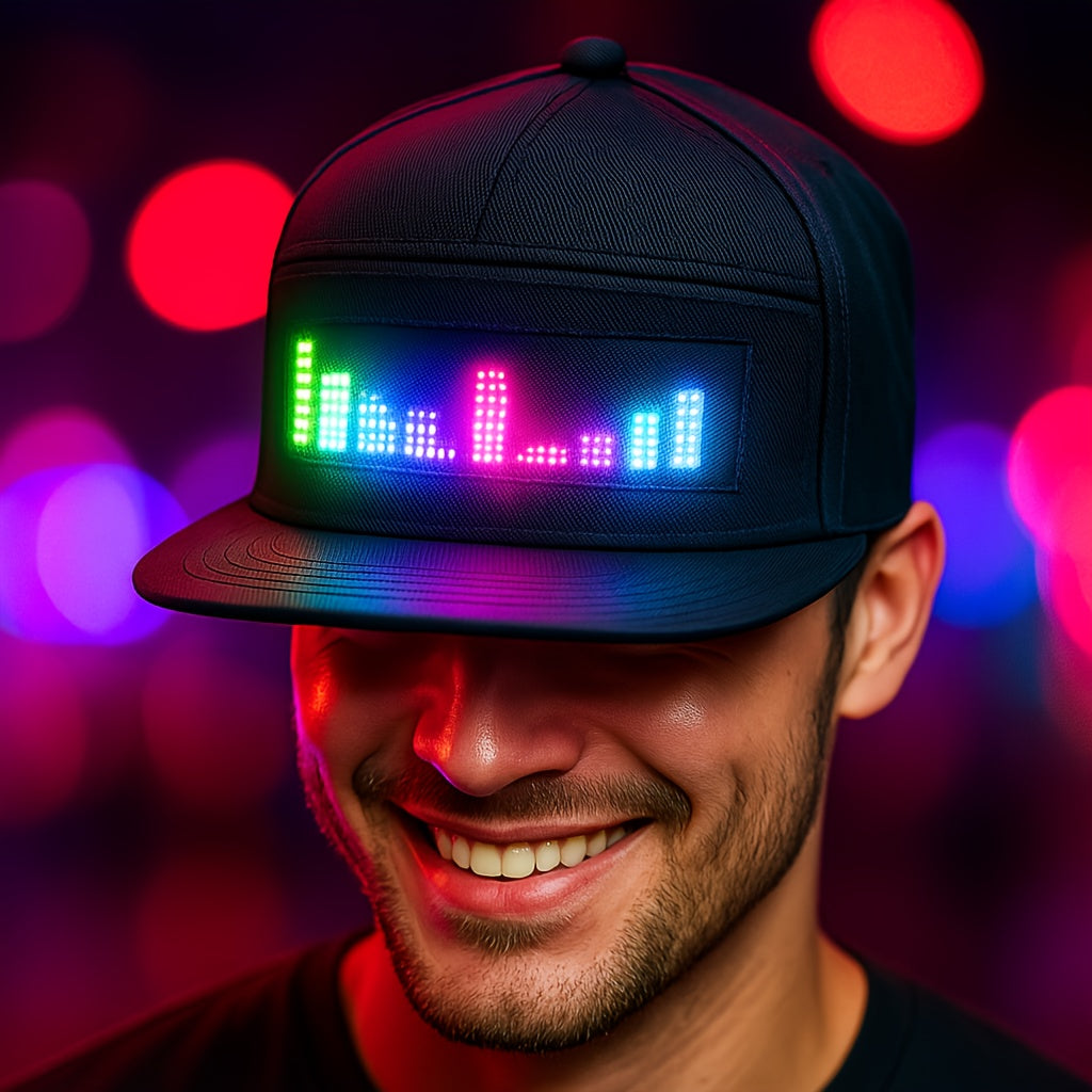 Programmable LED Hat for Men | Black, Scrollable Text & Animated Patterns, APP-Controlled, Adjustable, Woven Fabric, Ideal for Parties & Holidays