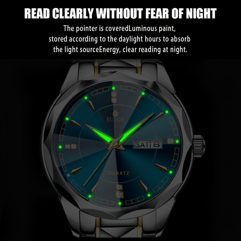 RUIGE Men'S Fashion Trend Quartz Watch | Night Light Dual Calendar, Diamond Shaped Watch Mirror, Stainless Steel Case, Alloy Strap, Business Leisure, Ideal Gift for Father'S Day