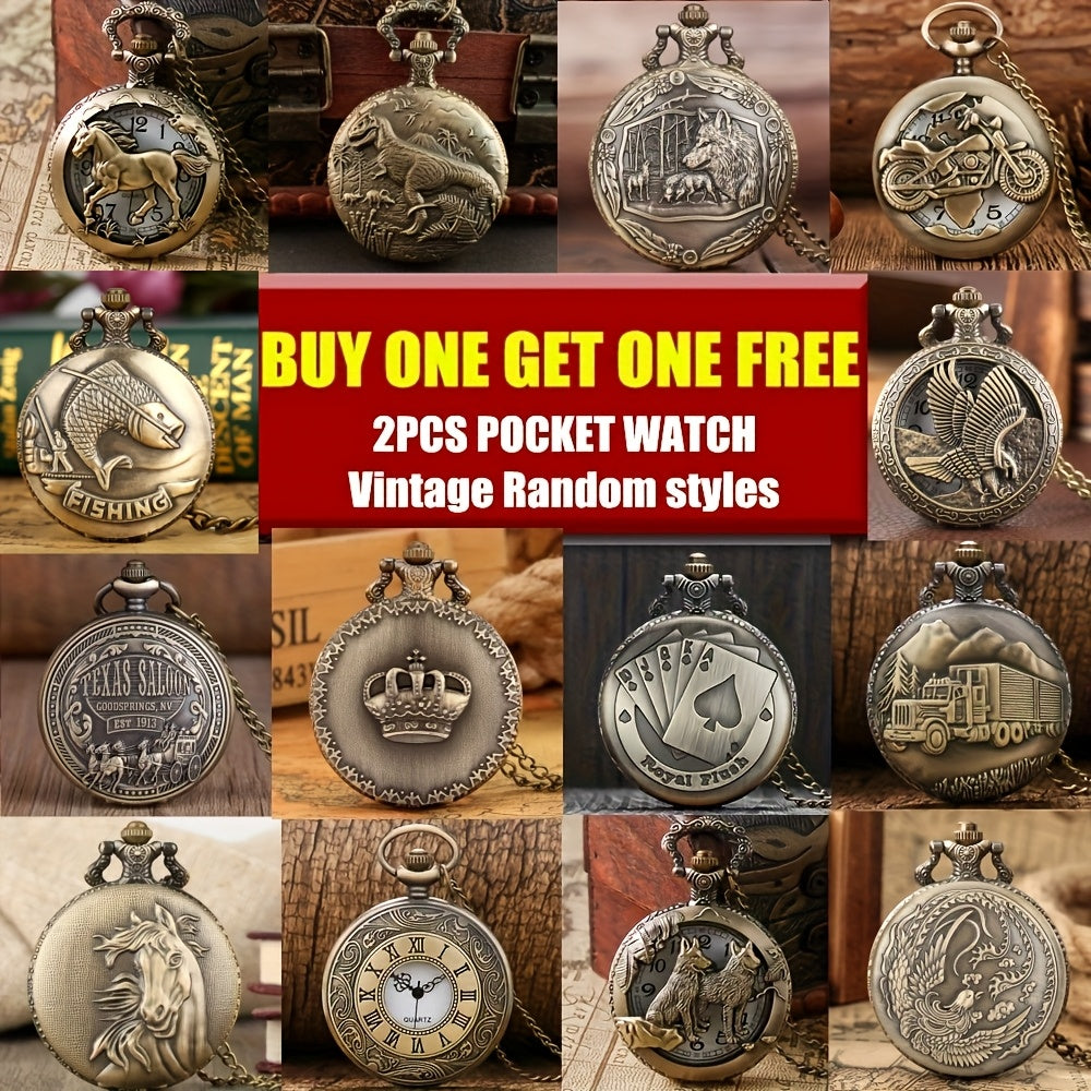 2pcs Vintage Bronze Pocket Watches | Buy One Get One Free, Surprise Birthday Christmas New Year Graduation Gifts, Zinc Alloy Case, Nickel-Free Alloy Strap, Quartz Movement