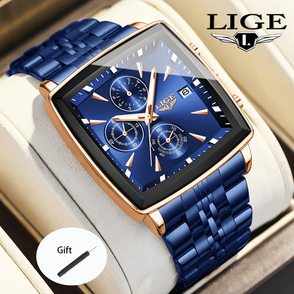 LIGE Watch Men'S Watches, Fashion Watches, Analog Watches, Youth Watches, Outdoor Sports Watches, Square Watches, Calendar Displays, Blue Watches, Black Watch, Golden Watches, Birthday Gift, Graduation Gift, Holiday Gift, Complimentary Case Opener