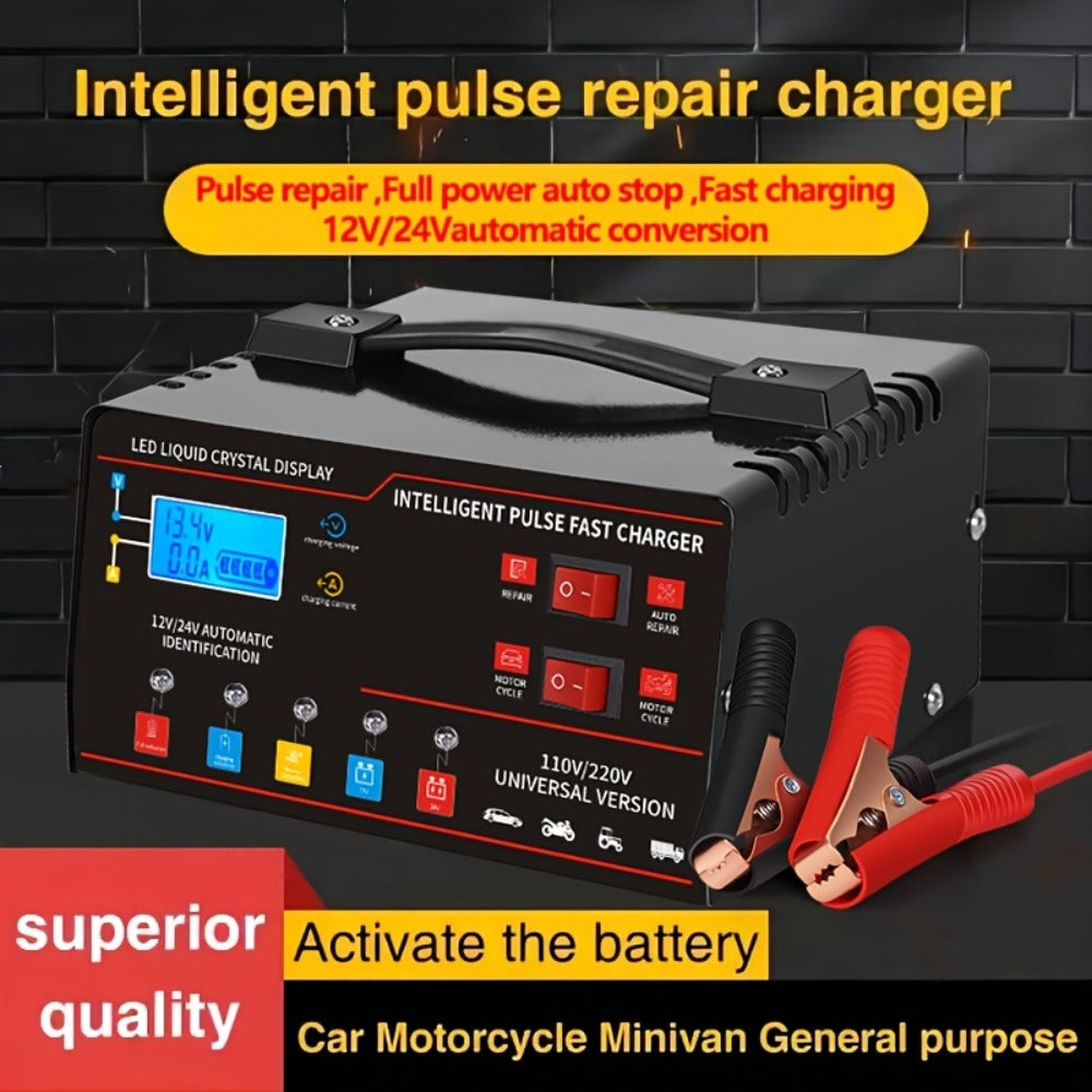 12V&24V Intelligent Universal Battery Charger With LCD Display, Smart Repair, Temperature Compensation, Overcharge And Short Circuit ProtectionSuitable For Intelligent Trickle Charging Of Cars, SUV, Trucks, Yachts, Motorcycles Battery Maintenance