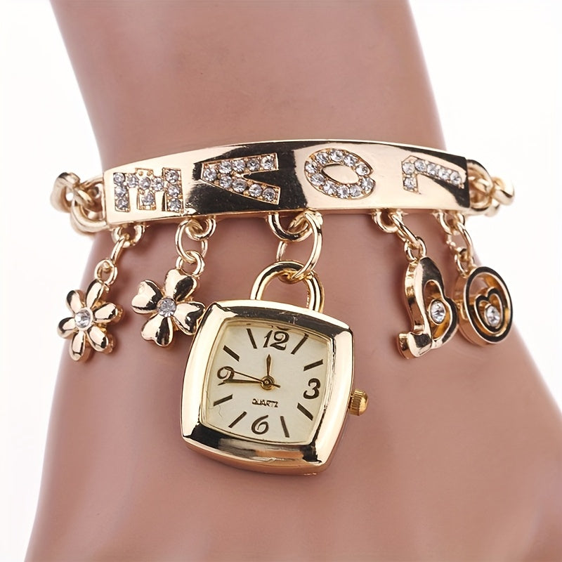 Casual Stainless Steel Watch Bracelet Watch Flower Bracelet Watch Luxury Heart Love Style Rhinestone Bracelet Christmas And New Year Gift