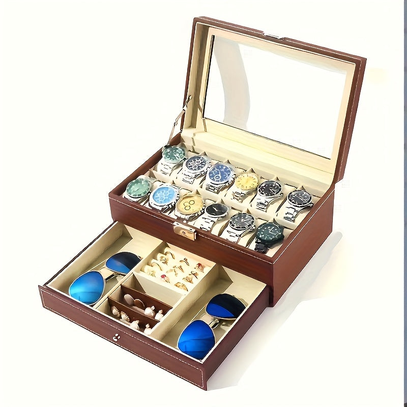 KYPHIREL - Men's Watch Box, 12-Slot Men's Watch Box with Drawer, Watch Display Box with Glass Lid, 2-Layer Watch Organizer, Gift for Valentine's Day, Mother's Day, Christmas, Halloween, Thanksgiving