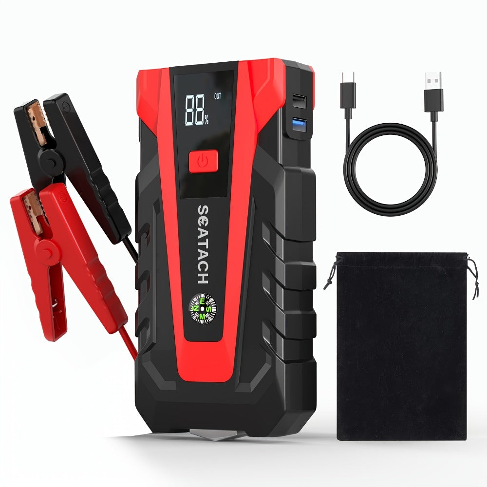 The Car Emergency Starter Power Supply Comes with A Digital Tire Pressure Gauge And Air Pump, A Window Breaker Hammer, And Is Suitable for 12V Cars, Trucks, SUV, Rvs, And Motorcycles. It Features A Multi-Functional Portable LED Display, SOS