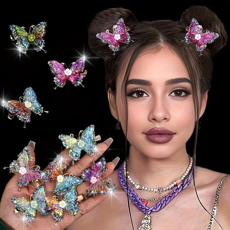 12pcs/set New Luxury Shiny Sequin Double-layer Butterfly Clip, Women'S Fashionable Double-layer Acrylic Butterfly Hair Clip, Suitable For Daily And Holiday Party Wear, Women'S Y2k Headwear Hair Accessories