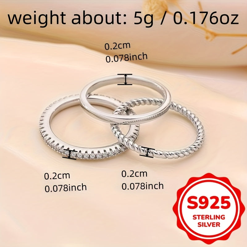 3pcs Set 925 Sterling Silver Rings for Women - Elegant, Stackable, 1g with Cubic, April Birthstone, Perfect for Daily & Party Wear