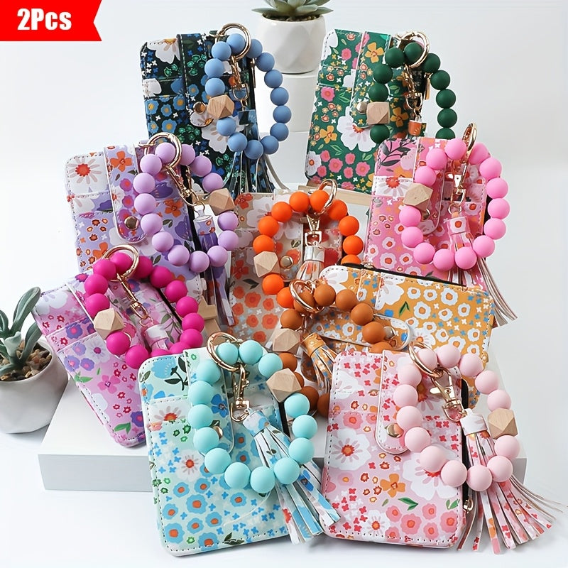 2pcs/set Of Flower Printed PU Coin Purse, Bead Wrist Key Ring, Tassel Card Bag, Small Floral Keychain, Bohemian Style Wallet, Key Ring, Holiday Gift, Gift for Friends, Gift for Mom