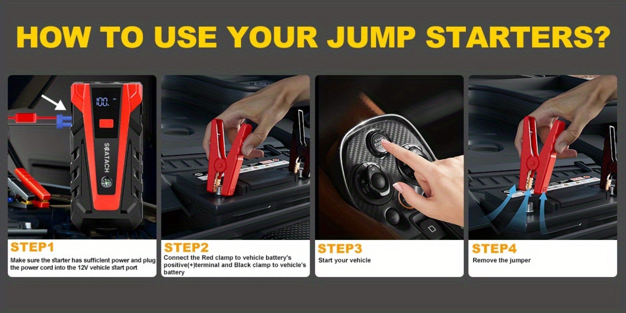 The Car Emergency Starter Power Supply Comes with A Digital Tire Pressure Gauge And Air Pump, A Window Breaker Hammer, And Is Suitable for 12V Cars, Trucks, SUV, Rvs, And Motorcycles. It Features A Multi-Functional Portable LED Display, SOS