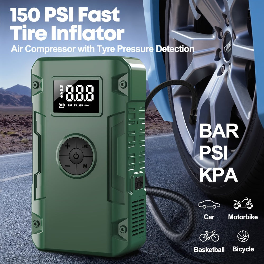 10000A 7-in-1 Multi-Function Emergency Jump Starter with Air Pump, 150PSL Car Battery Booster, Tire Inflator, Portable Vehicle Battery Charger, Suitable for 2.64-Gallon Gasoline or 2.38-Gallon Diesel Batteries, LED Emergency Light