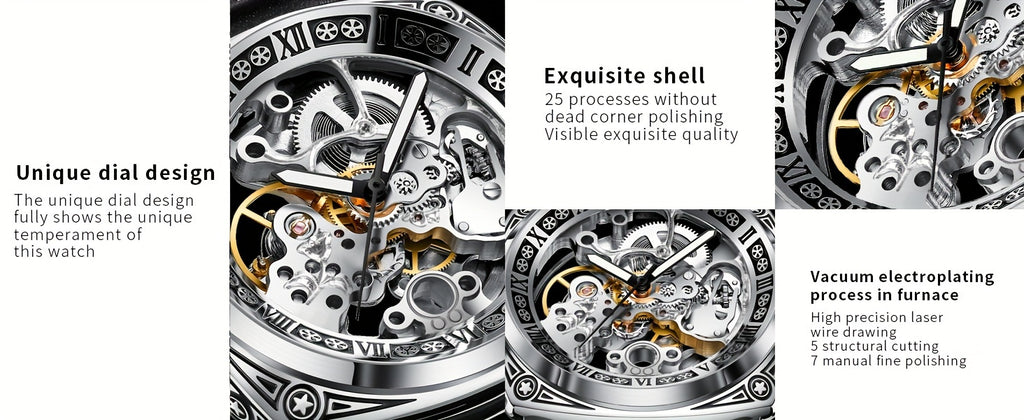 GLENAW Carved Automatic Watches for Men, Retro Tattoo Skeleton Self-Winding Mechanical Watch Men's Automatic - 3 ATM Waterproof, Luminous Hands, Skeleton Dial, Ideal for Everyday Wear and Formal Occasions
