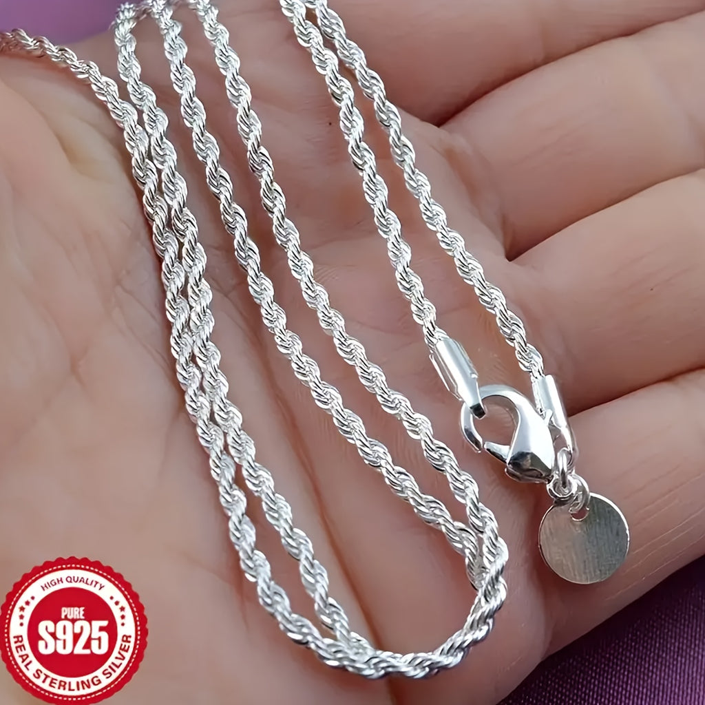 925 Sterling Silvery Twisted Rope Chain Necklace, Minimalist Hip-Hop Style, Elegant Women's Jewelry Accessory, February Birthstone, Valentine's Day Gift, Suitable for Casual Attire in All Seasons