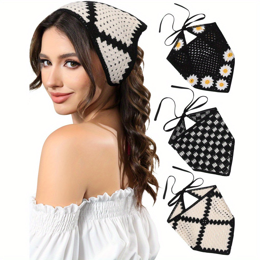 3pcs Woven Headscarf Triangle Scarf Headband Pastoral Summer Outing Sweet and Cute Ladies Headscarf Tie Fashion Hair Accessories