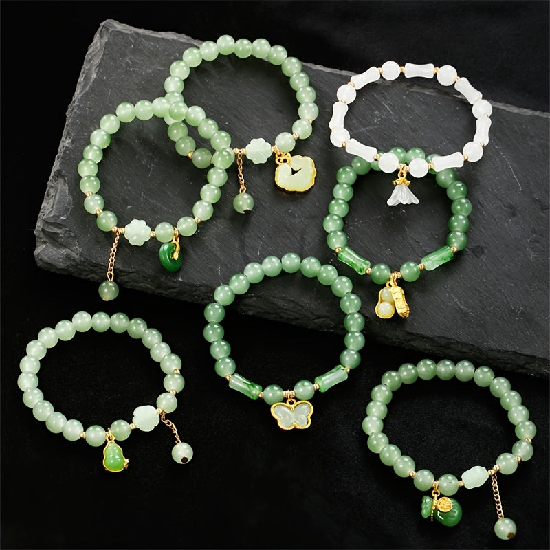 [7pcs Bead Chain Bracelet] Elegant 7pcs Bead Chain Bracelet Set, Butterfly And Lily Pendant Set Imitation Jade, Retro Chinese Style, Suitable For Daily Gifts And Wear, Suitable For Men And Women