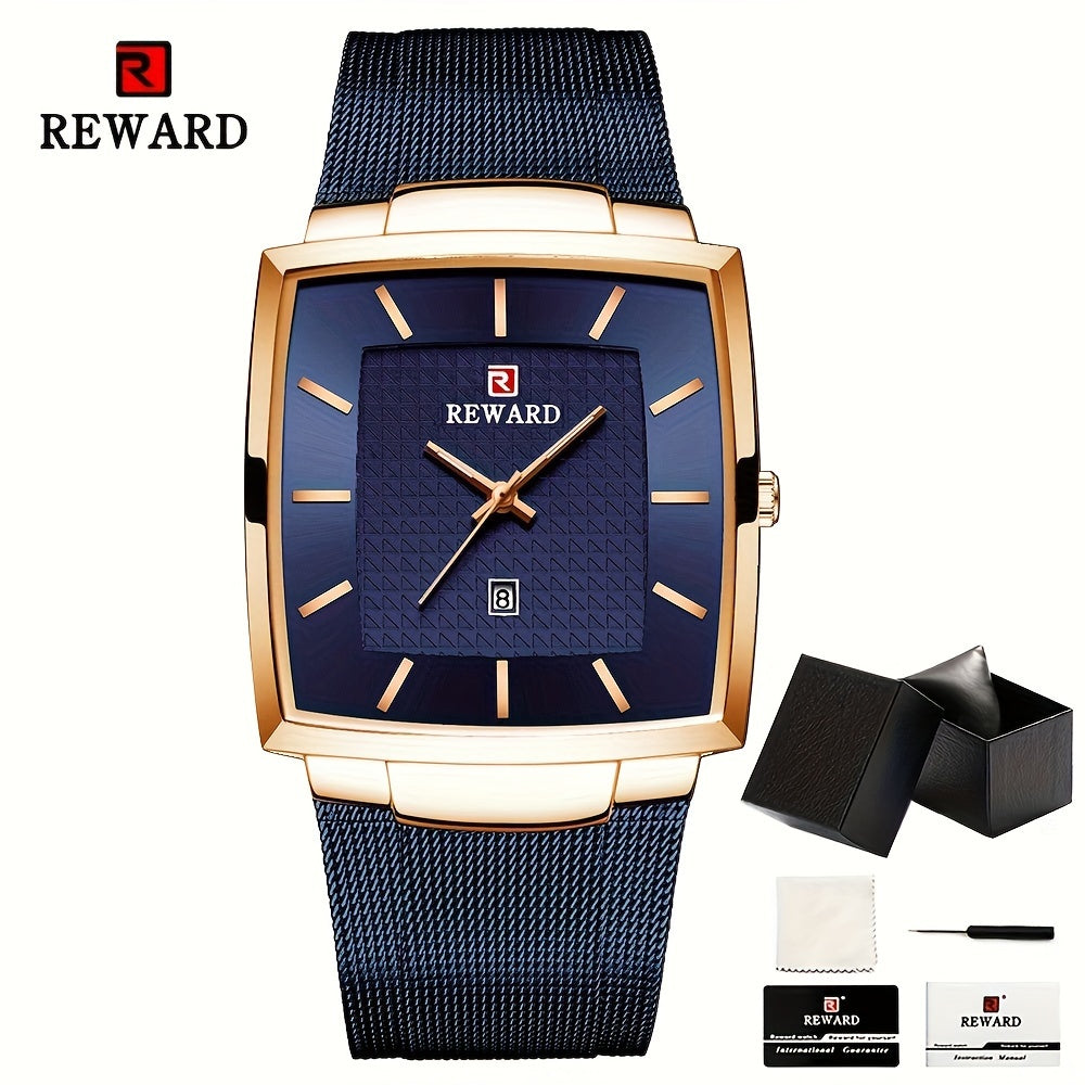 REWARD Fashion Watches Men Top Luxury Brand Square Blue Men's Wristwatch Stainless Steel Quartz Clock Male