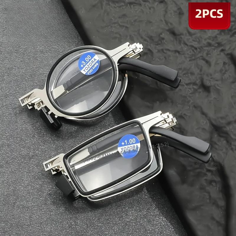2pcs Portable Folding Blu-ray Shielded Eyewear, Round and Rectangle, Comfortable High Definition Stainless Steel Frame, Lightweight Pocket Eyewear Strap Case, Portable Eyewear | Fashion Frame Design | Stainless Steel Eyewear, Eyewear Case, Travel