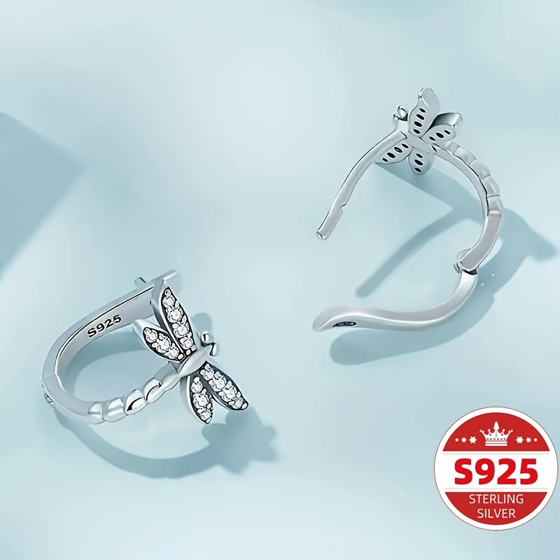 S925 Sterling Silvery Exquisite Dragonfly Hoop Earrings - Hypoallergenic, Shiny Zirconia Inlaid, Cute Simple Style, Trendy Female Gift - Perfect For Sensitive Skin, Casual Attire, And Special Occasions