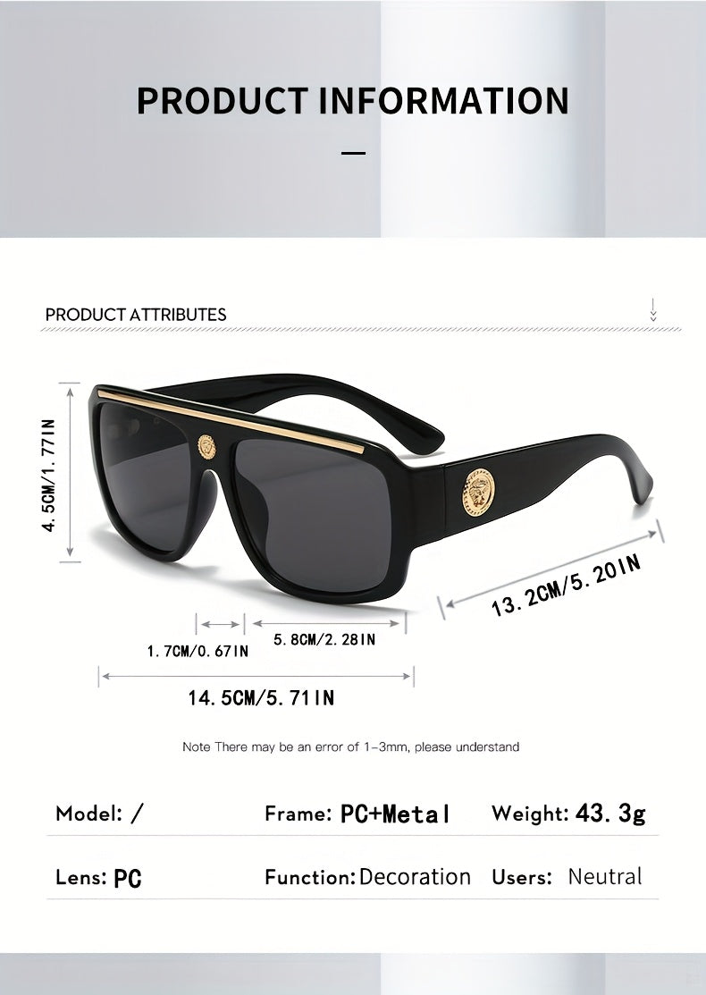 2 Pairs Of Men's Cyberpunk Square Fashion Glasses - Black Golden Metal Decoration, Lightweight Daily Wear Lenses, Street Trend Gifts, Luxury Polished Accessories, Fashion Glasses, Durable Daily Glasses